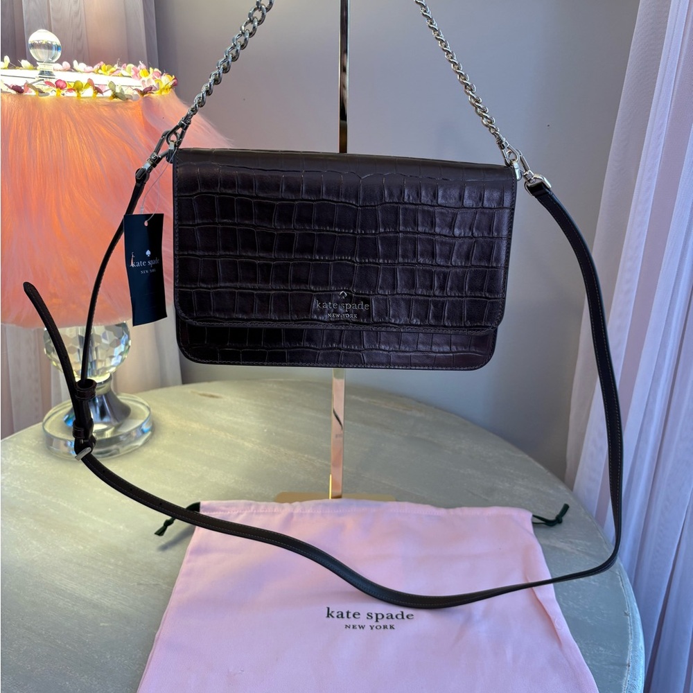 Kate Spade Dark Brown Croc-Embossed Crossbody Bag